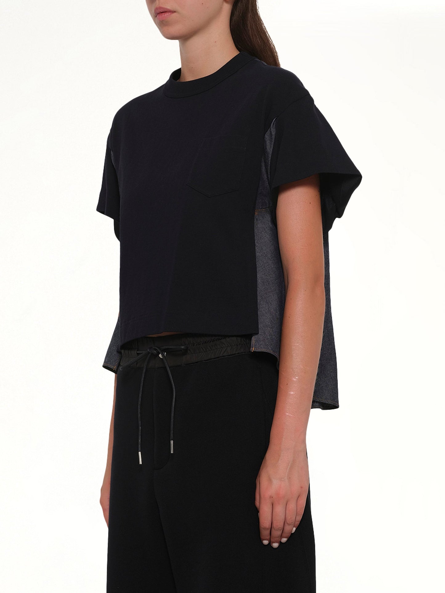 SACAI Light Weight Denim x Poplin Jersey T-Shirt (Navy)