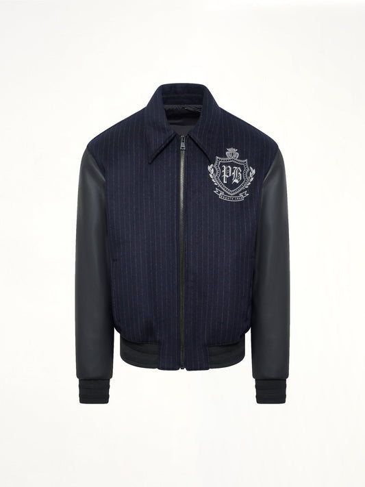 BALMAIN Pinstripe Wool Varsity Jacket (Blue)