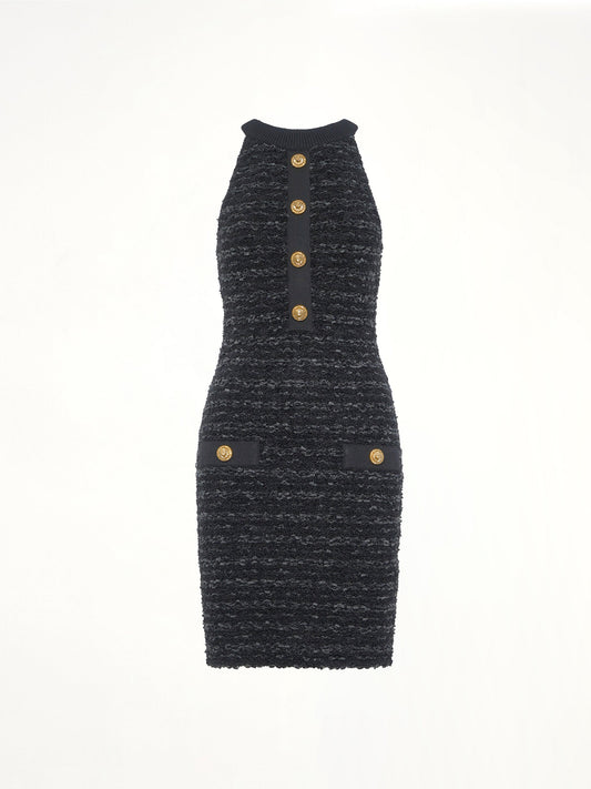BALMAIN Halterneck Knit Tweed Dress (Black)