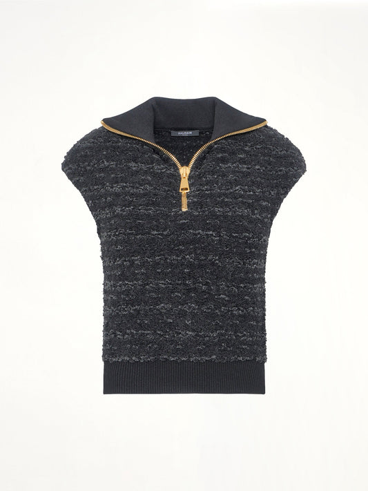 BALMAIN Zipped Short Sleeve Knit Tweed Top (Black)