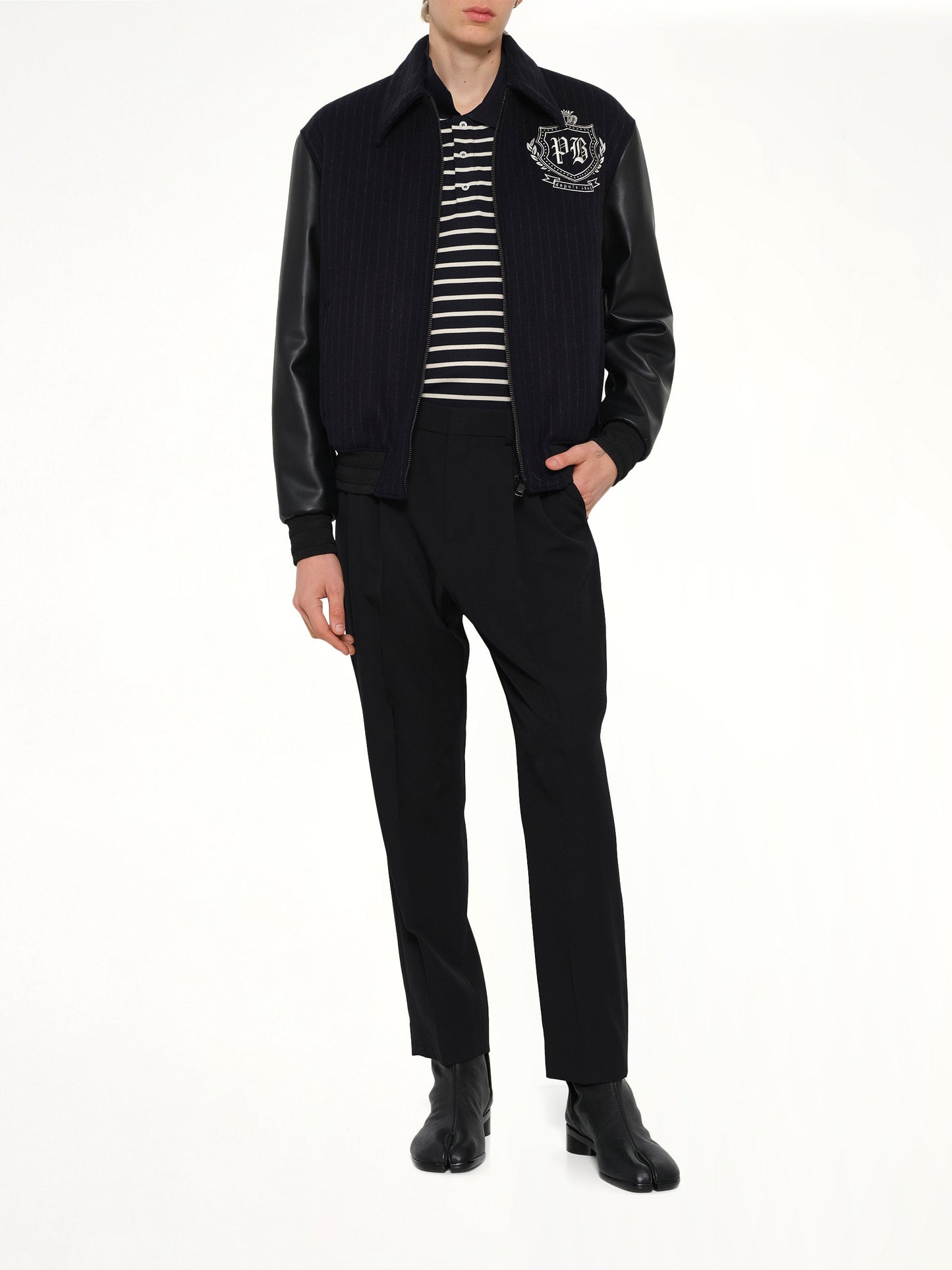 BALMAIN Pinstripe Wool Varsity Jacket (Blue)