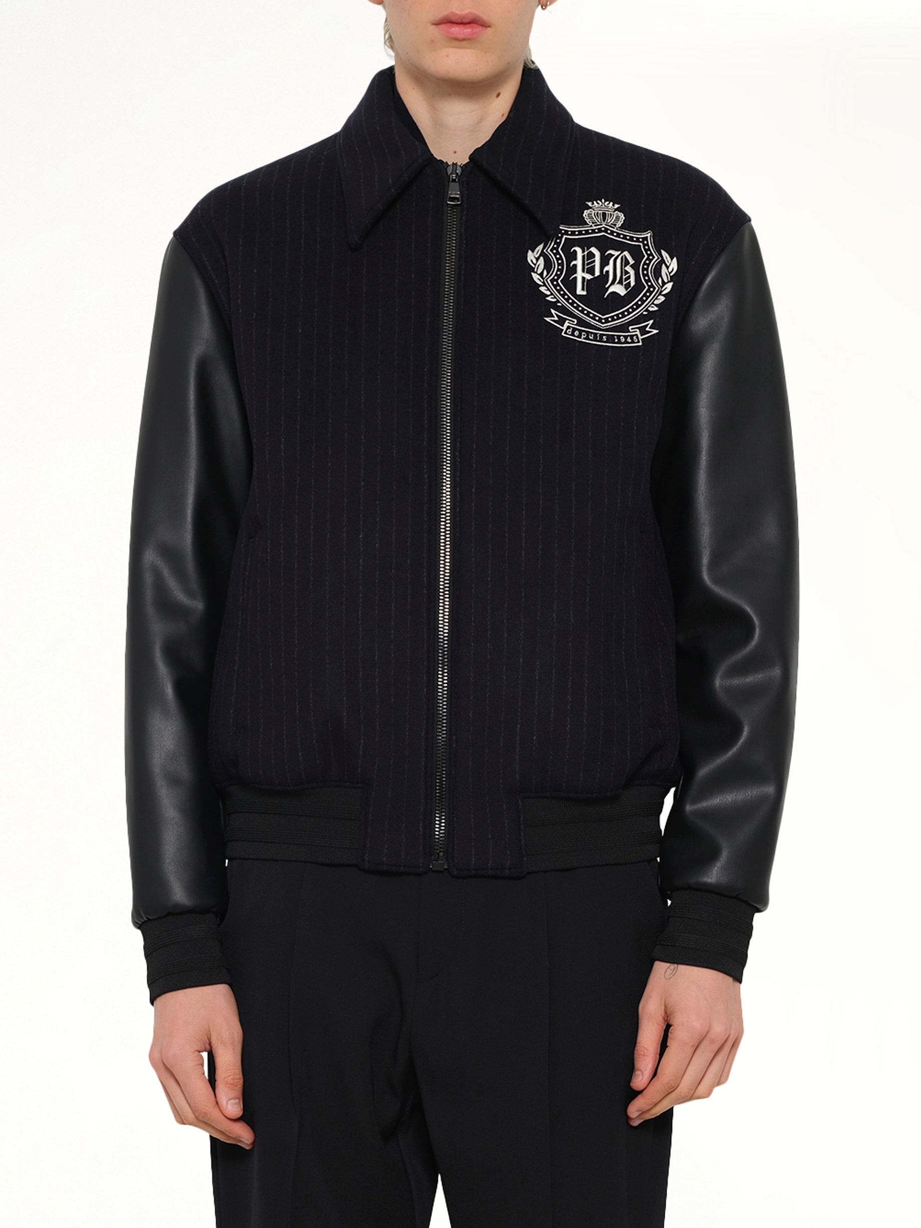 Image of Coats & Jackets. Product name - Pinstripe Wool Varsity Jacket in Blue colour by brand - BALMAIN
