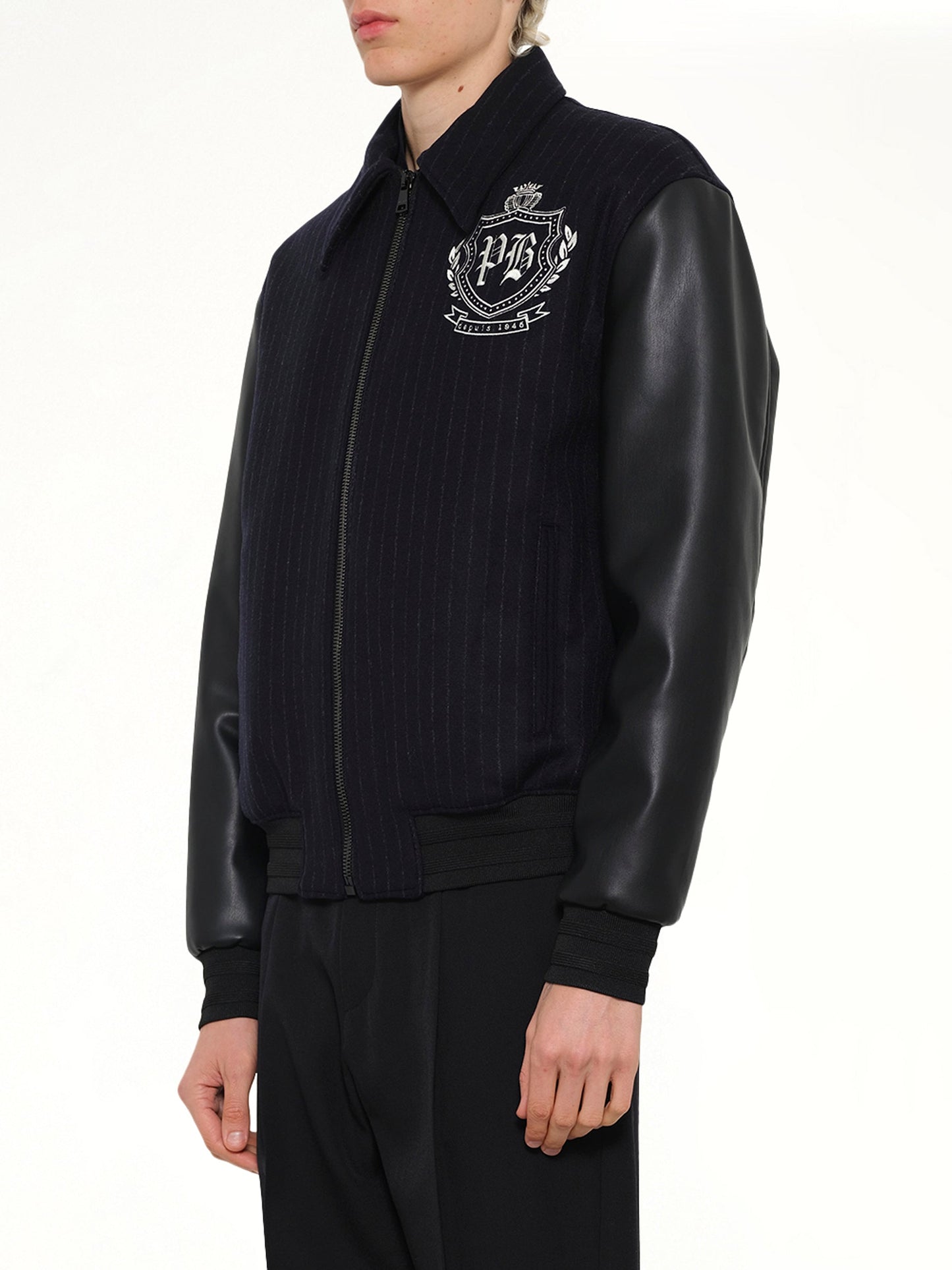 BALMAIN Pinstripe Wool Varsity Jacket (Blue)