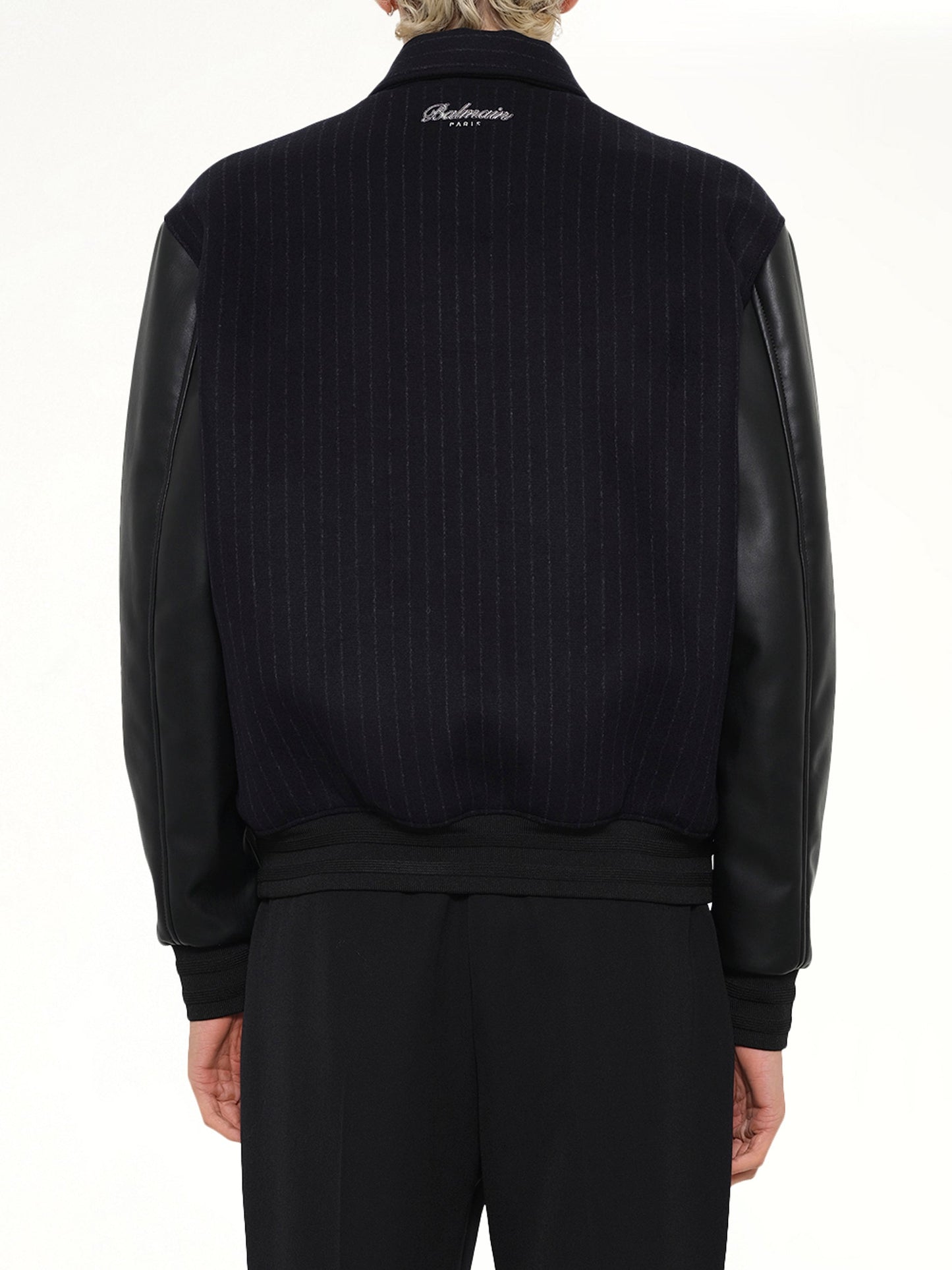 BALMAIN Pinstripe Wool Varsity Jacket (Blue)
