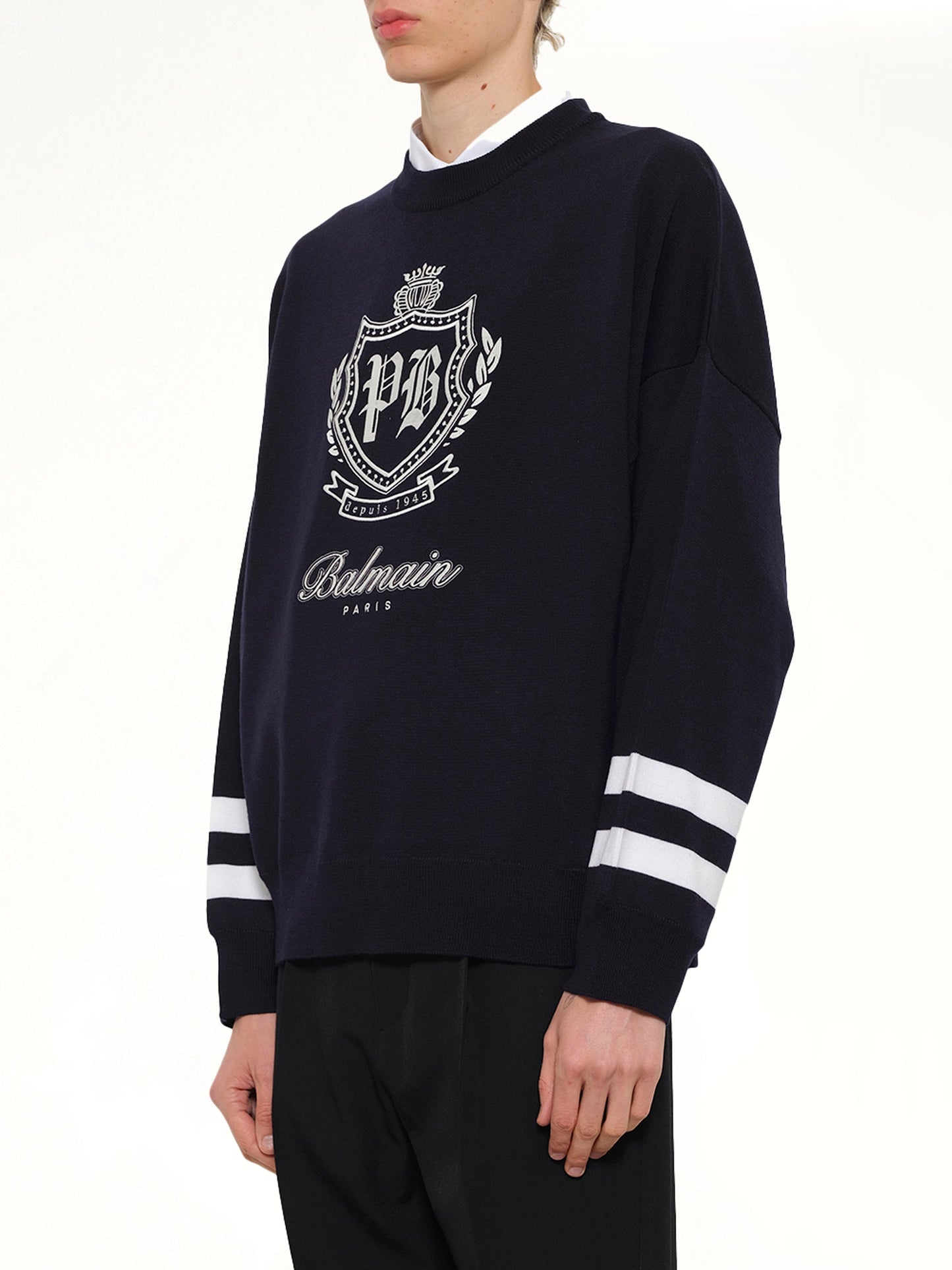 BALMAIN College Emblem Boxy Sweater (Marine/Natural)