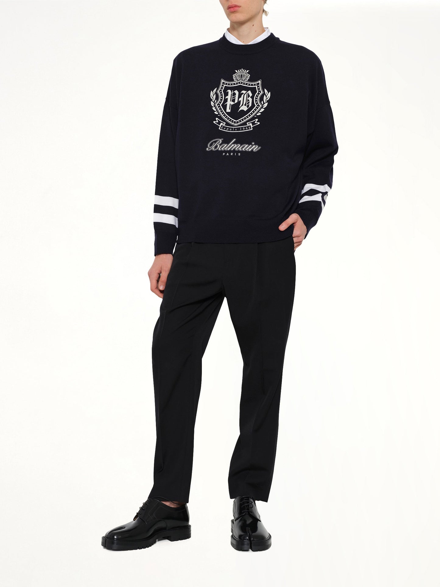 BALMAIN College Emblem Boxy Sweater (Marine/Natural)