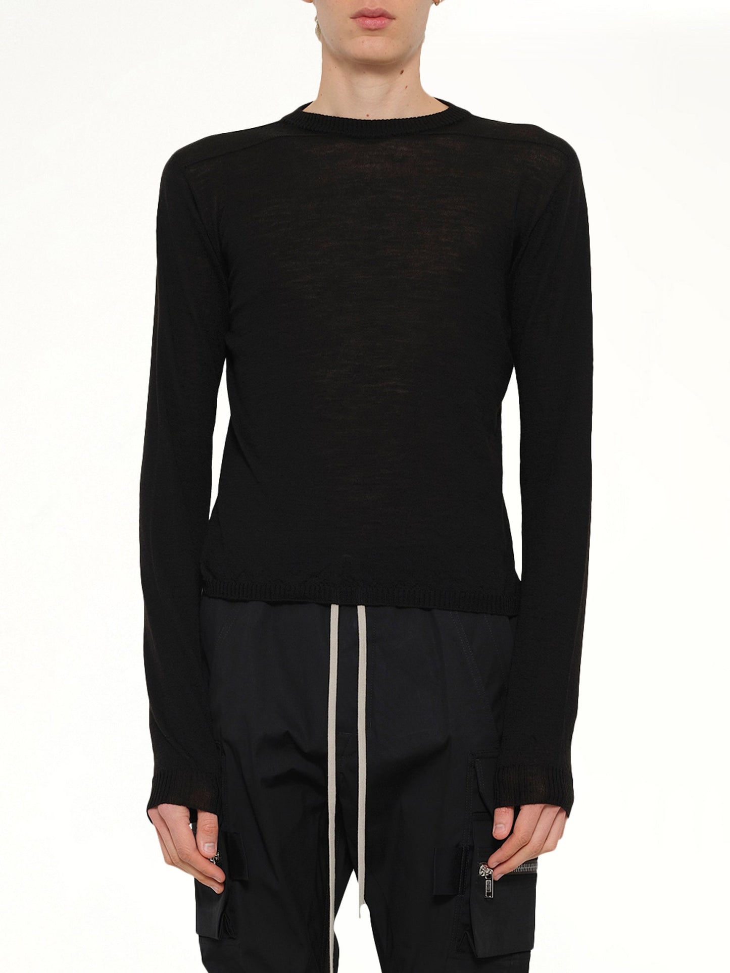 Image of a model wearing Outerwear. Product name - Cropped Biker in Black colour by brand - RICK OWENS