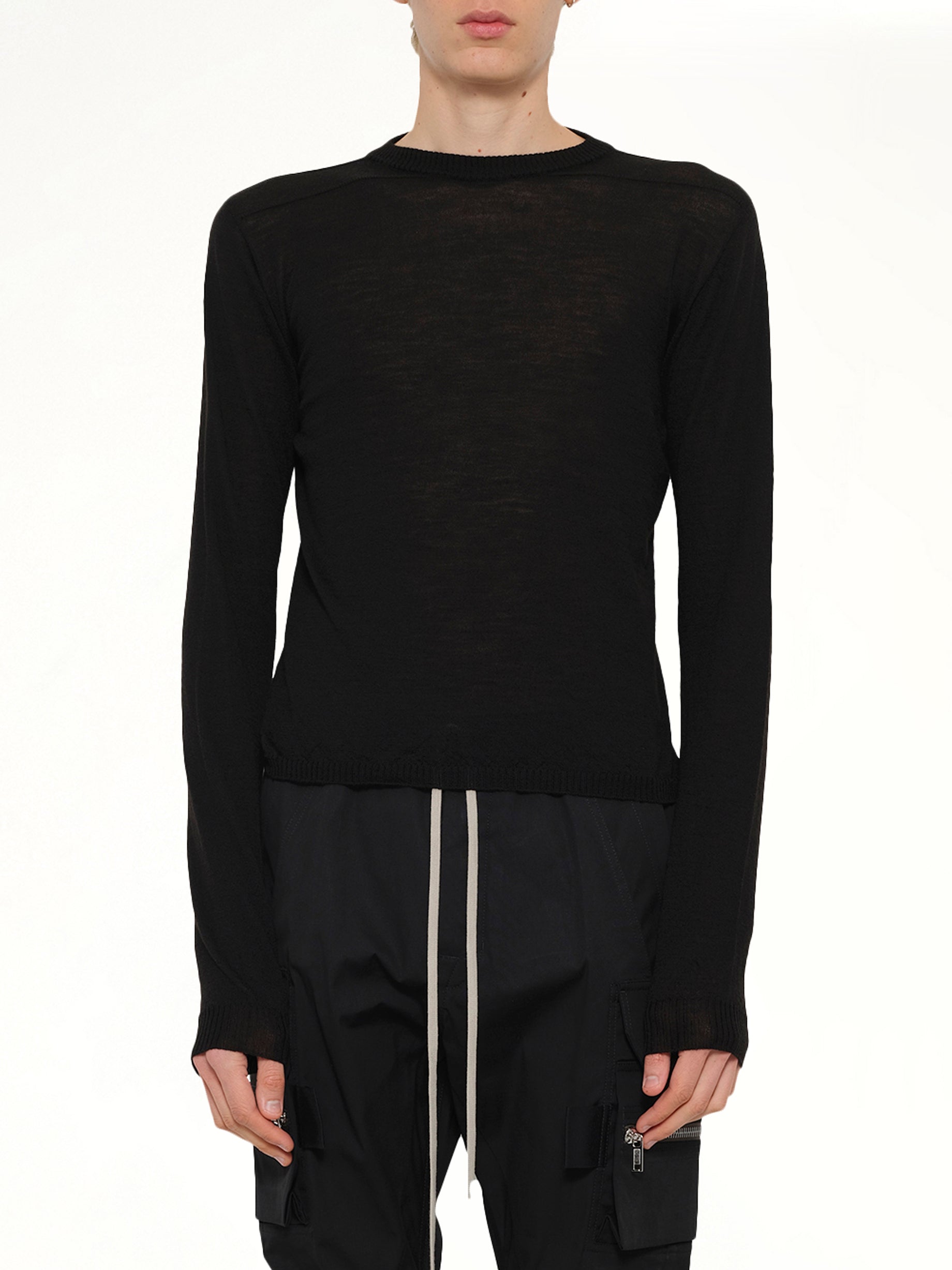 Image of a model wearing Outerwear. Product name - Cropped Biker in Black colour by brand - RICK OWENS