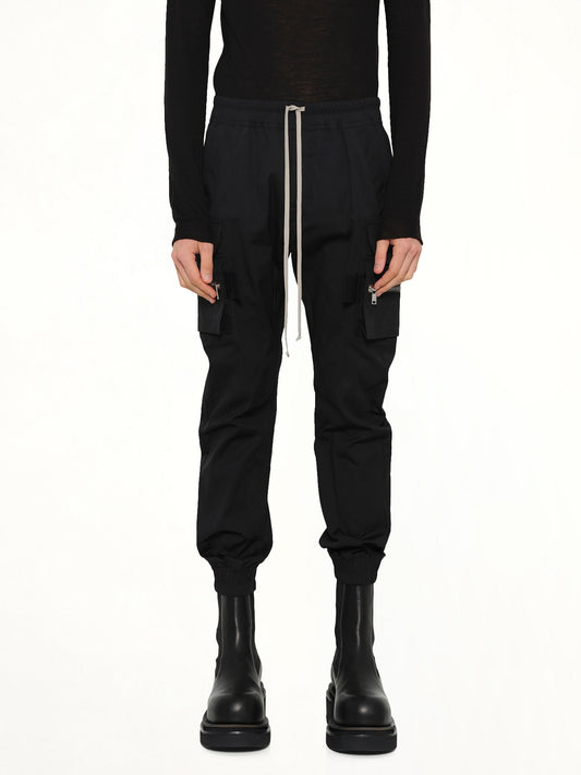 Image of a model wearing Pants. Product name - Mastodon Cargo in Black colour by brand - RICK OWENS