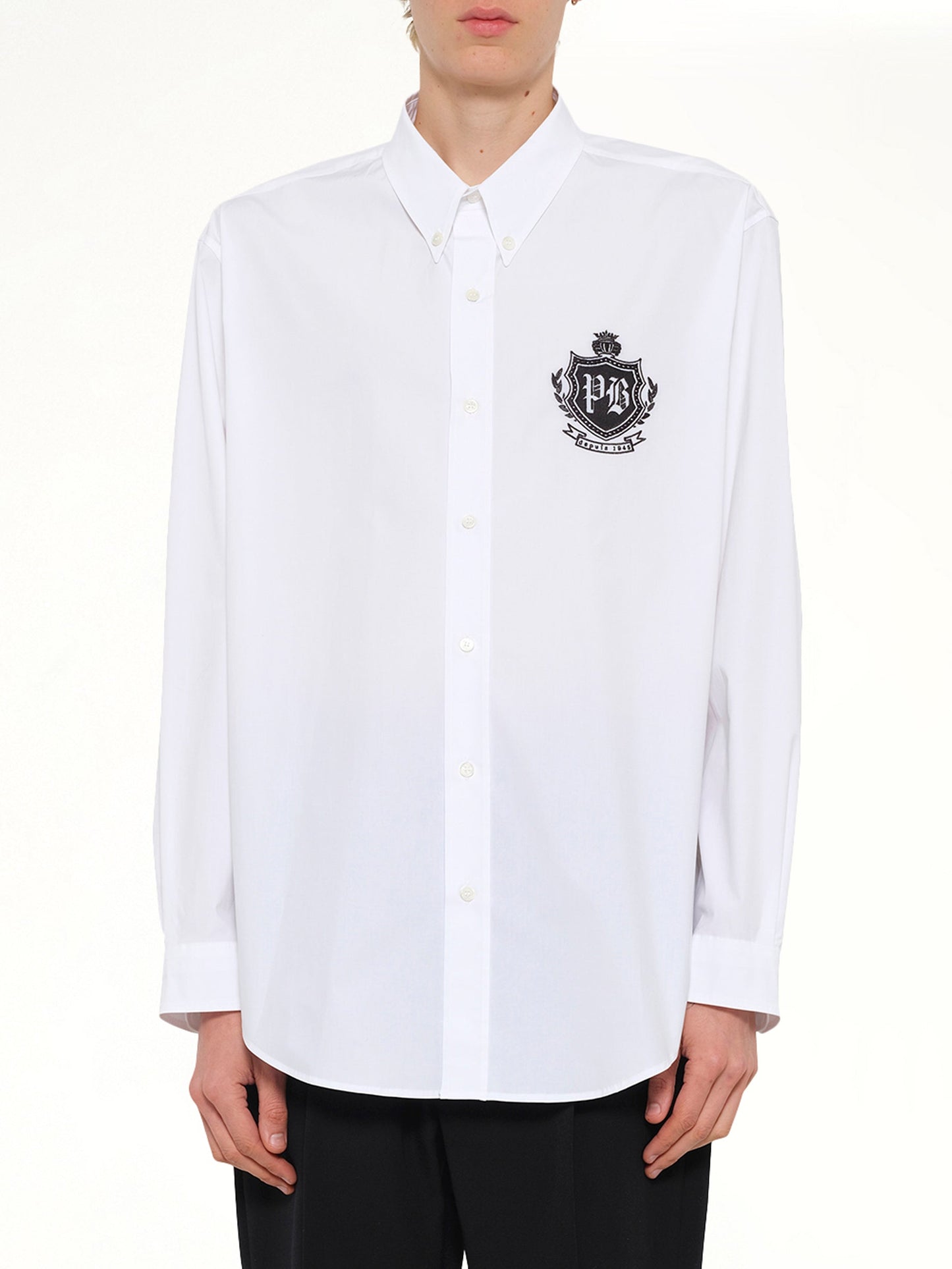 Image of Shirts. Product name - College Poplin Emblem Shirt in White colour by brand - BALMAIN