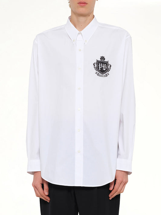 Image of Shirts. Product name - College Poplin Emblem Shirt in White colour by brand - BALMAIN
