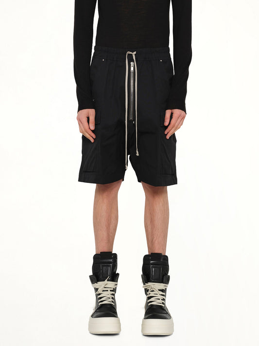 Image of a model wearing Shorts. Product name - Cargobela Shorts in Black colour by brand - RICK OWENS