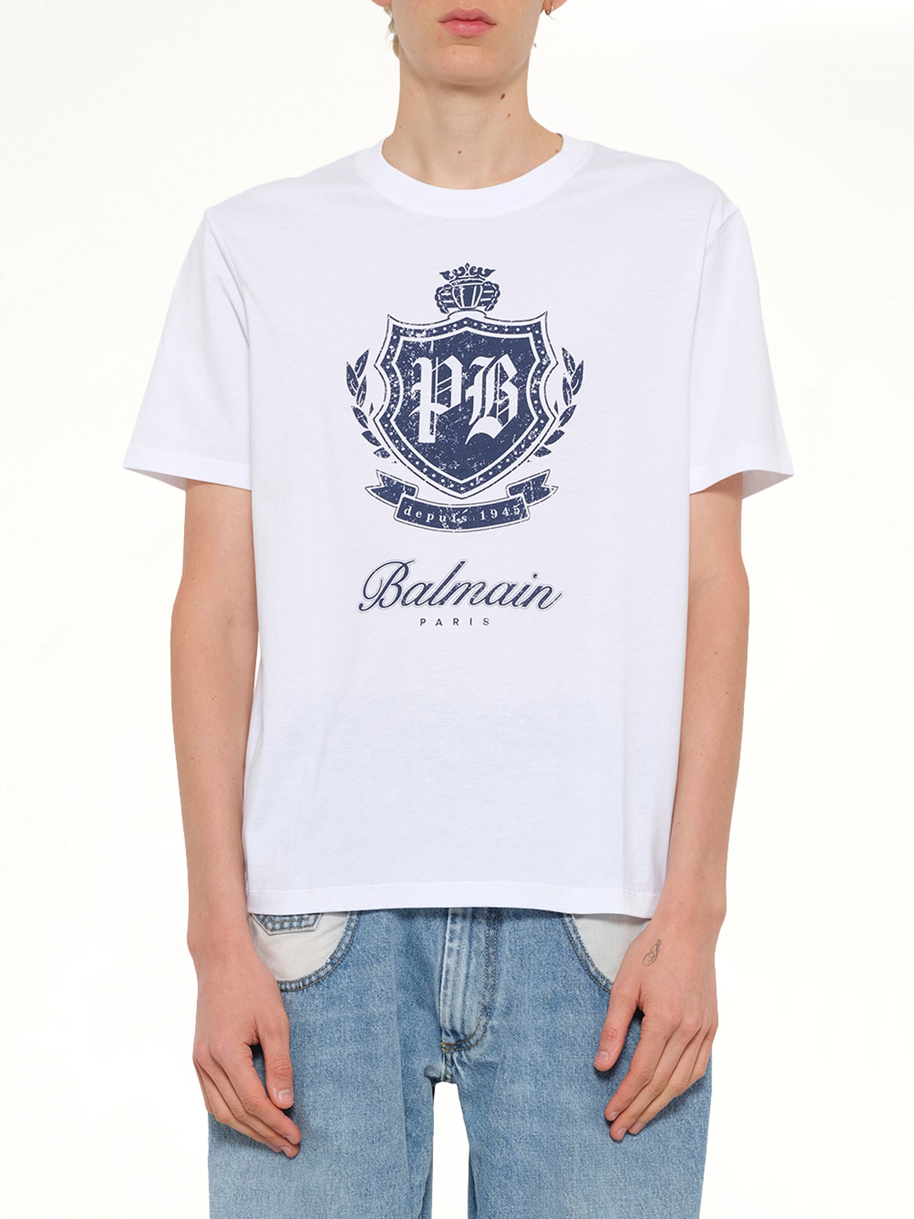 Image of T-Shirts. Product name - College Emblem Print T-Shirt in White colour by brand - BALMAIN