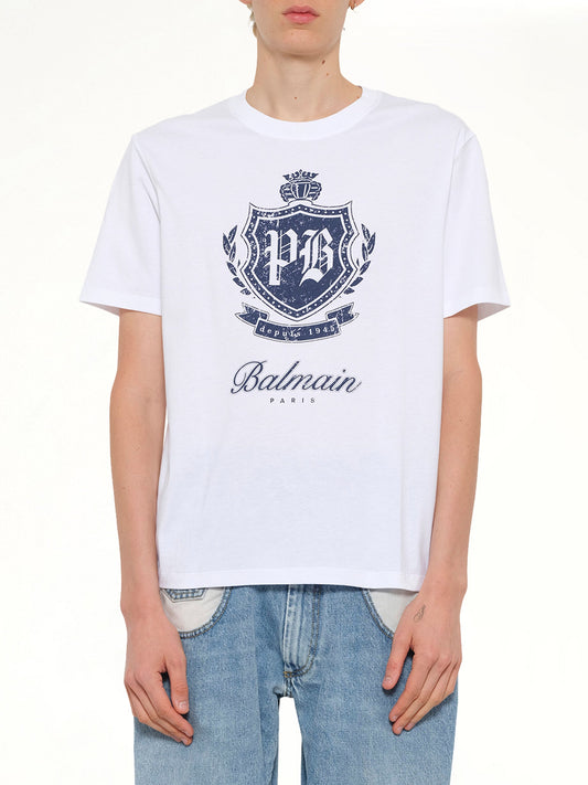 Image of T-Shirts. Product name - College Emblem Print T-Shirt in White colour by brand - BALMAIN