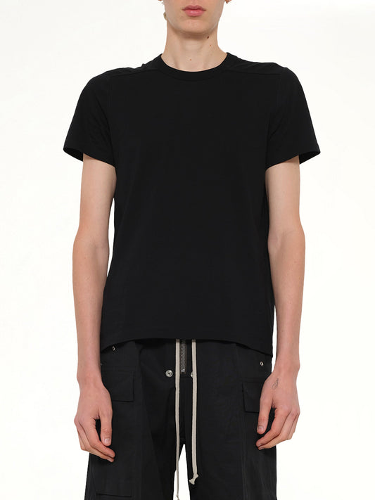 Image of a model wearing Tops. Product name - Short Level T in Black colour by brand - RICK OWENS