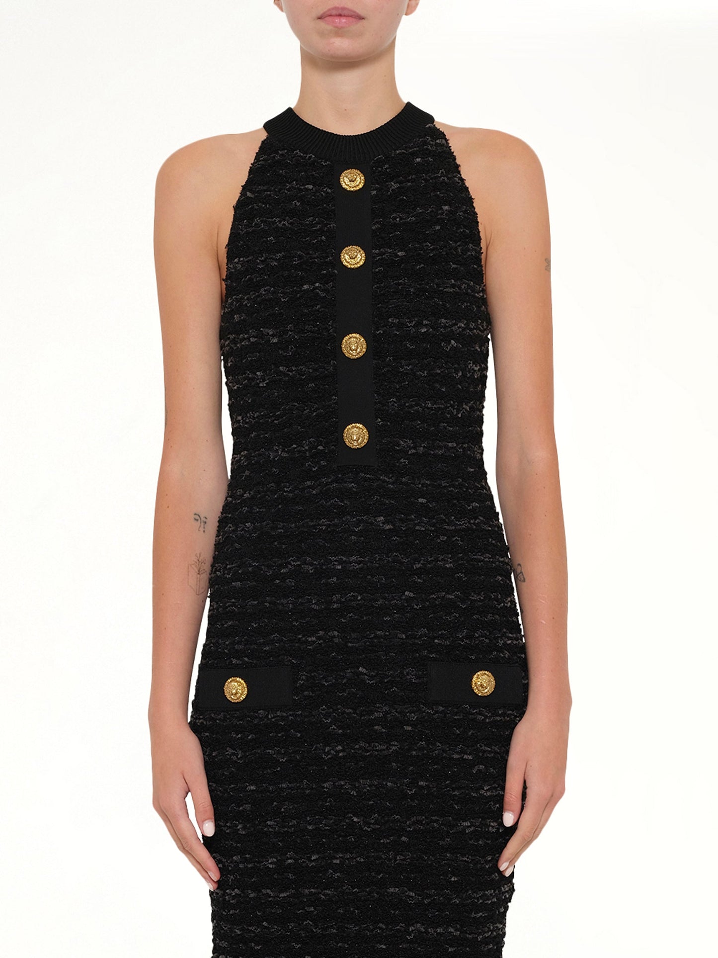 Image of Dresses. Product name - Halterneck Knit Tweed Dress in Black colour by brand - BALMAIN