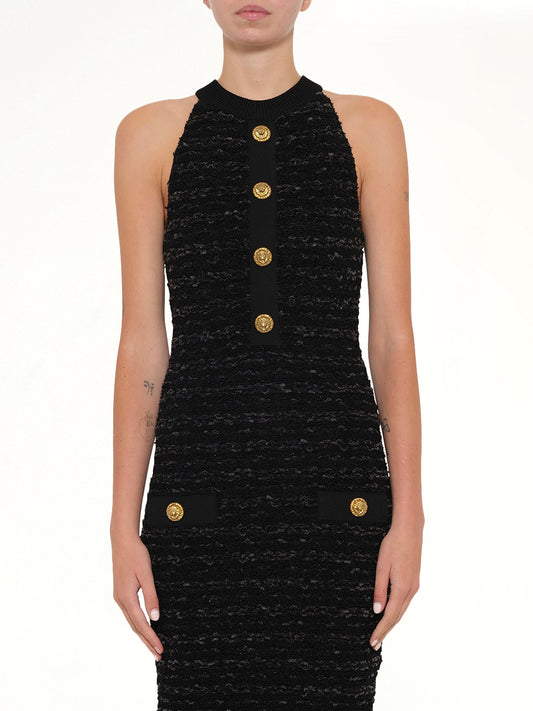 Image of Dresses. Product name - Halterneck Knit Tweed Dress in Black colour by brand - BALMAIN