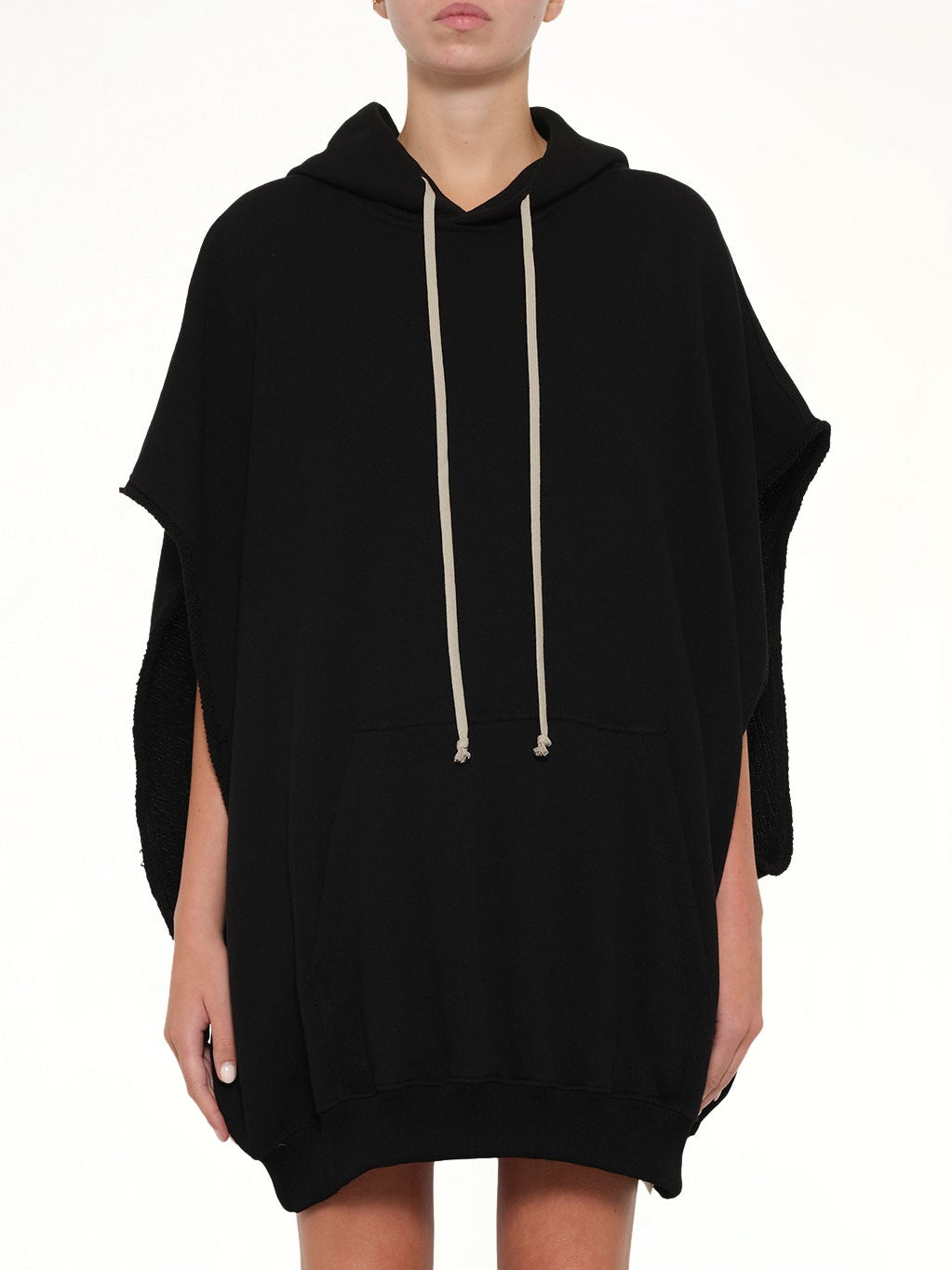Image of a model wearing Outerwear. Product name - SL Hun Hoodie in Black colour by brand - RICK OWENS