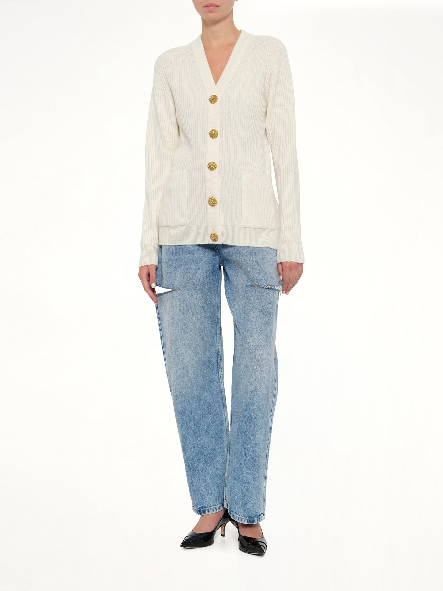 BALMAIN Buttoned Cashmere Cardigan (Natural)