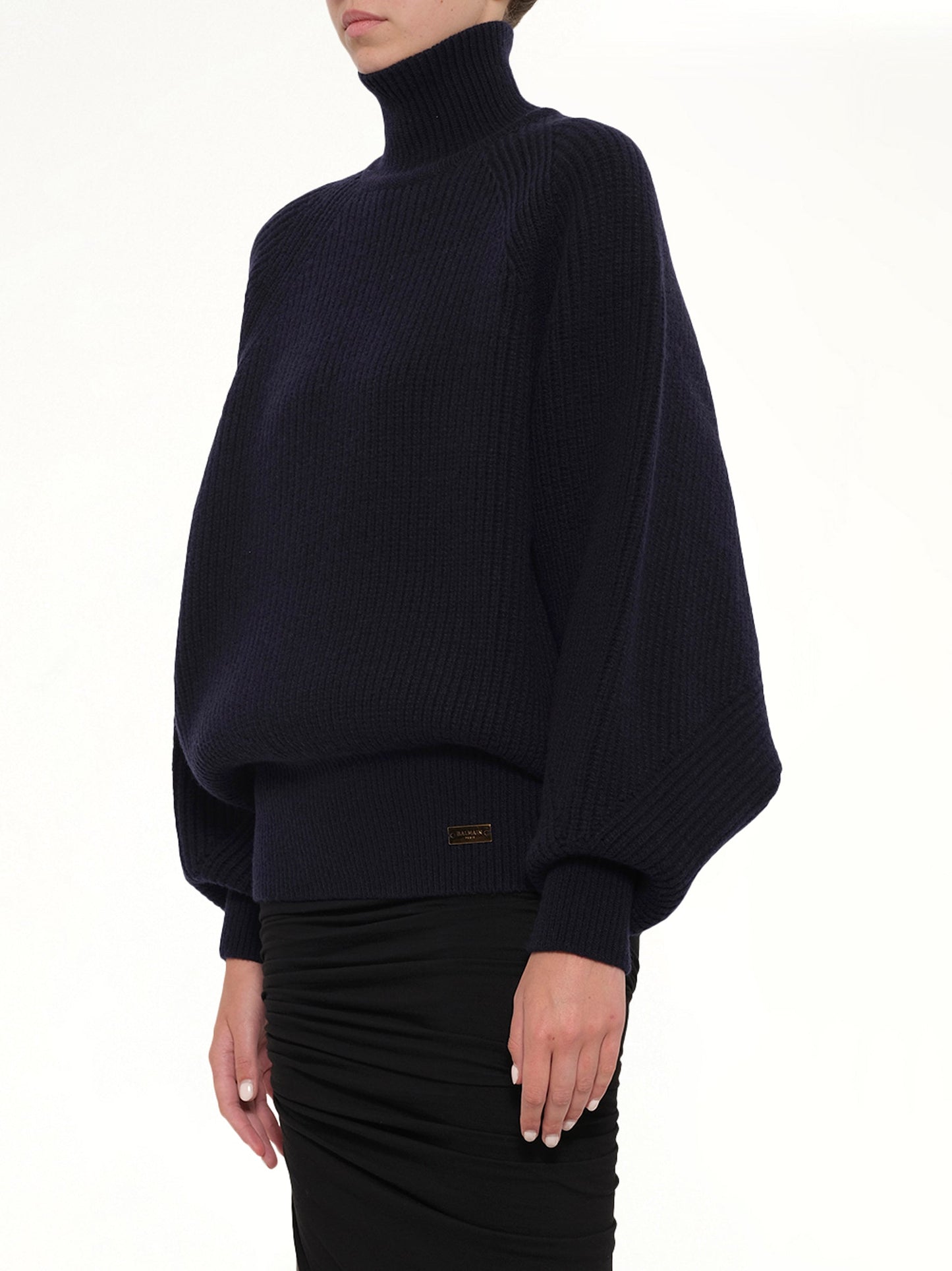 BALMAIN Batwing Ribbed Knit Pullover (Blue)