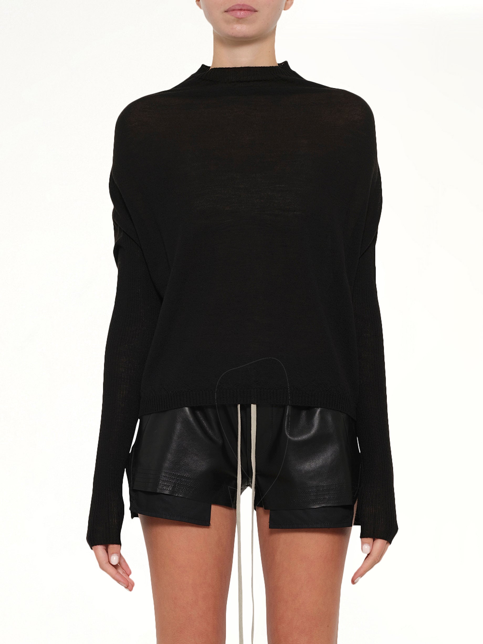 Image of a model wearing Outerwear. Product name - Crater Knit in Black colour by brand - RICK OWENS