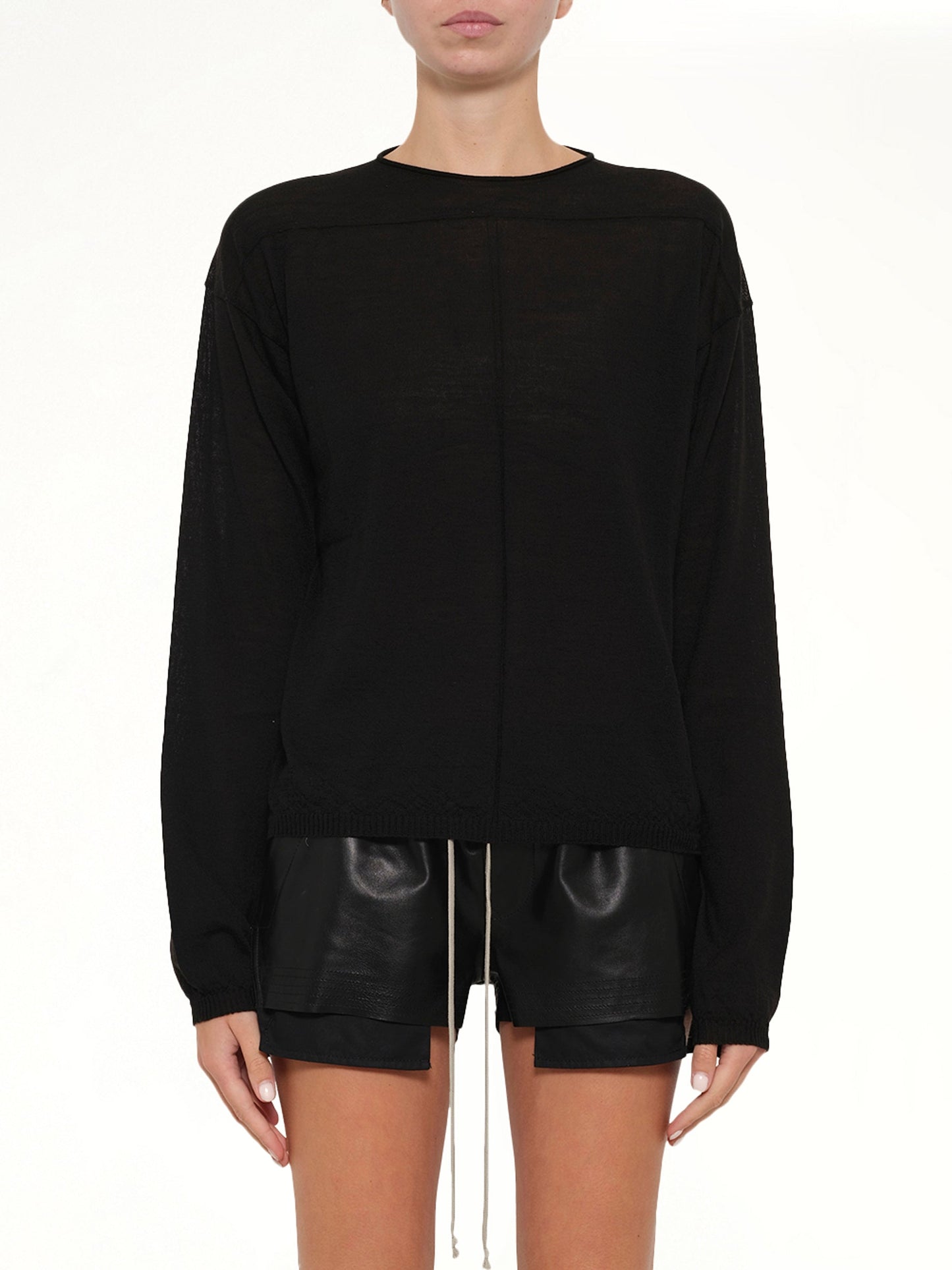 Image of a model wearing Outerwear. Product name - Pullover in Black colour by brand - RICK OWENS
