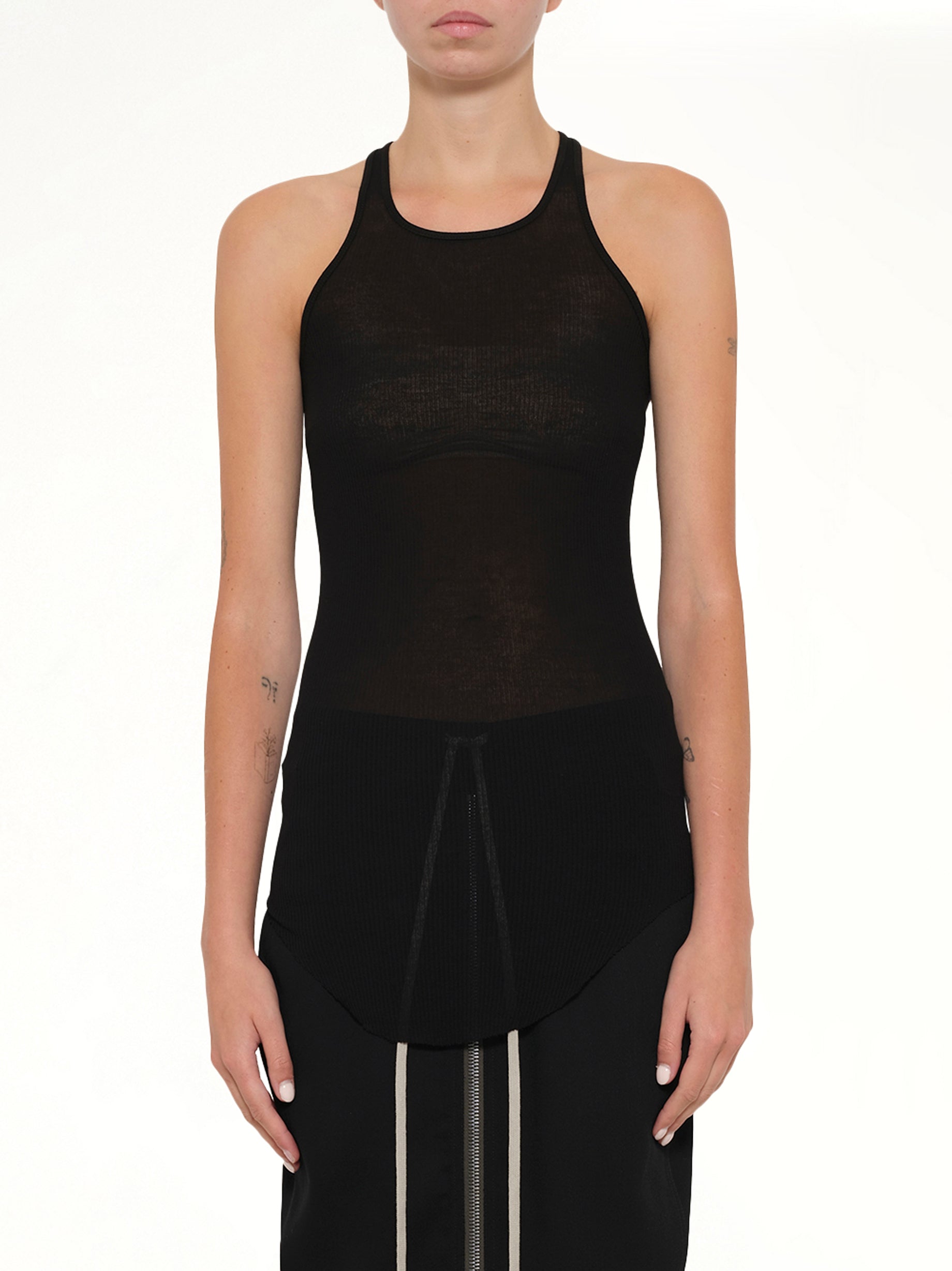 Image of a model wearing Tops. Product name - Basic Rib Tank in Black colour by brand - RICK OWENS