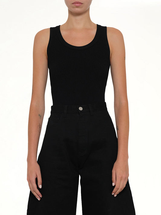 Image of a model wearing Tops. Product name - Tank Body in Black colour by brand - ALAIA