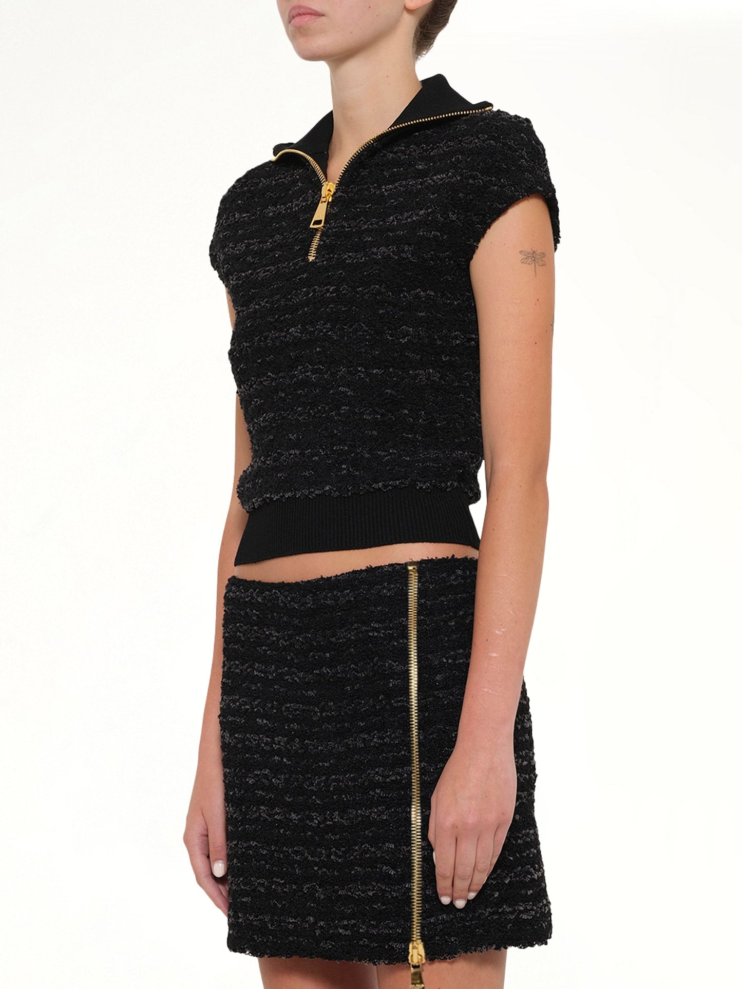 BALMAIN Zipped Short Sleeve Knit Tweed Top (Black)