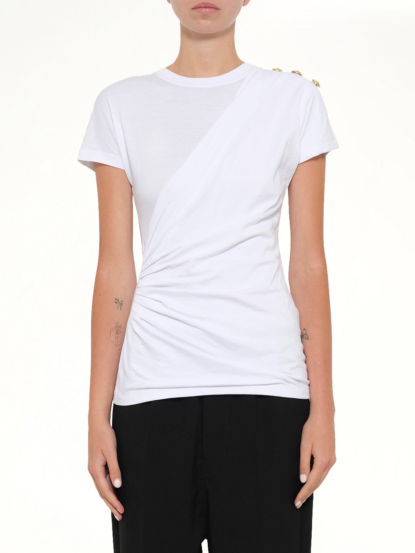 Image of T-Shirts. Product name - 3 Buttons Knotted T-Shirt in White colour by brand - BALMAIN