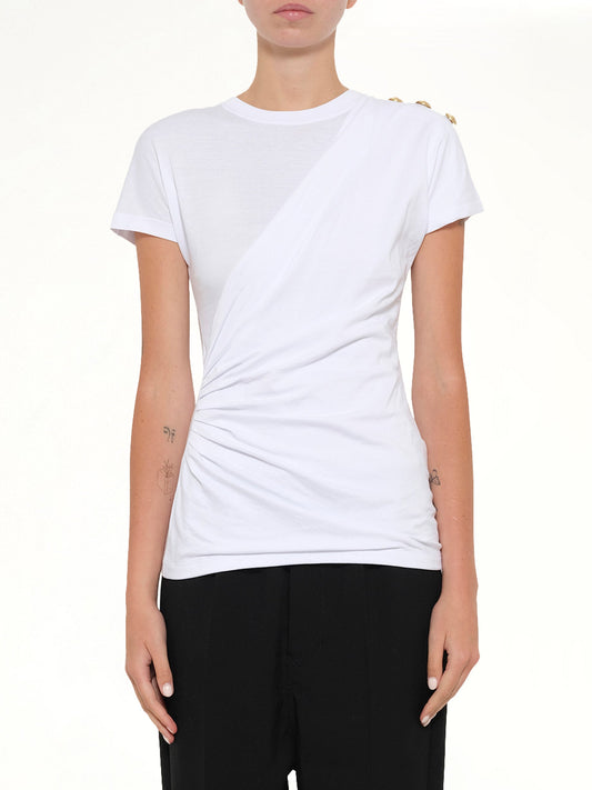 Image of T-Shirts. Product name - 3 Buttons Knotted T-Shirt in White colour by brand - BALMAIN