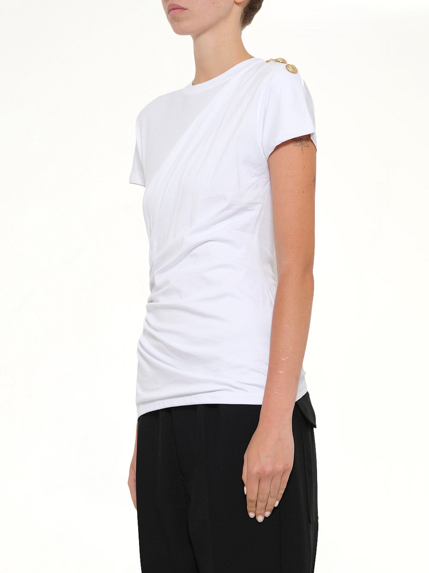 BALMAIN 3 Buttons Knotted T-Shirt (White)