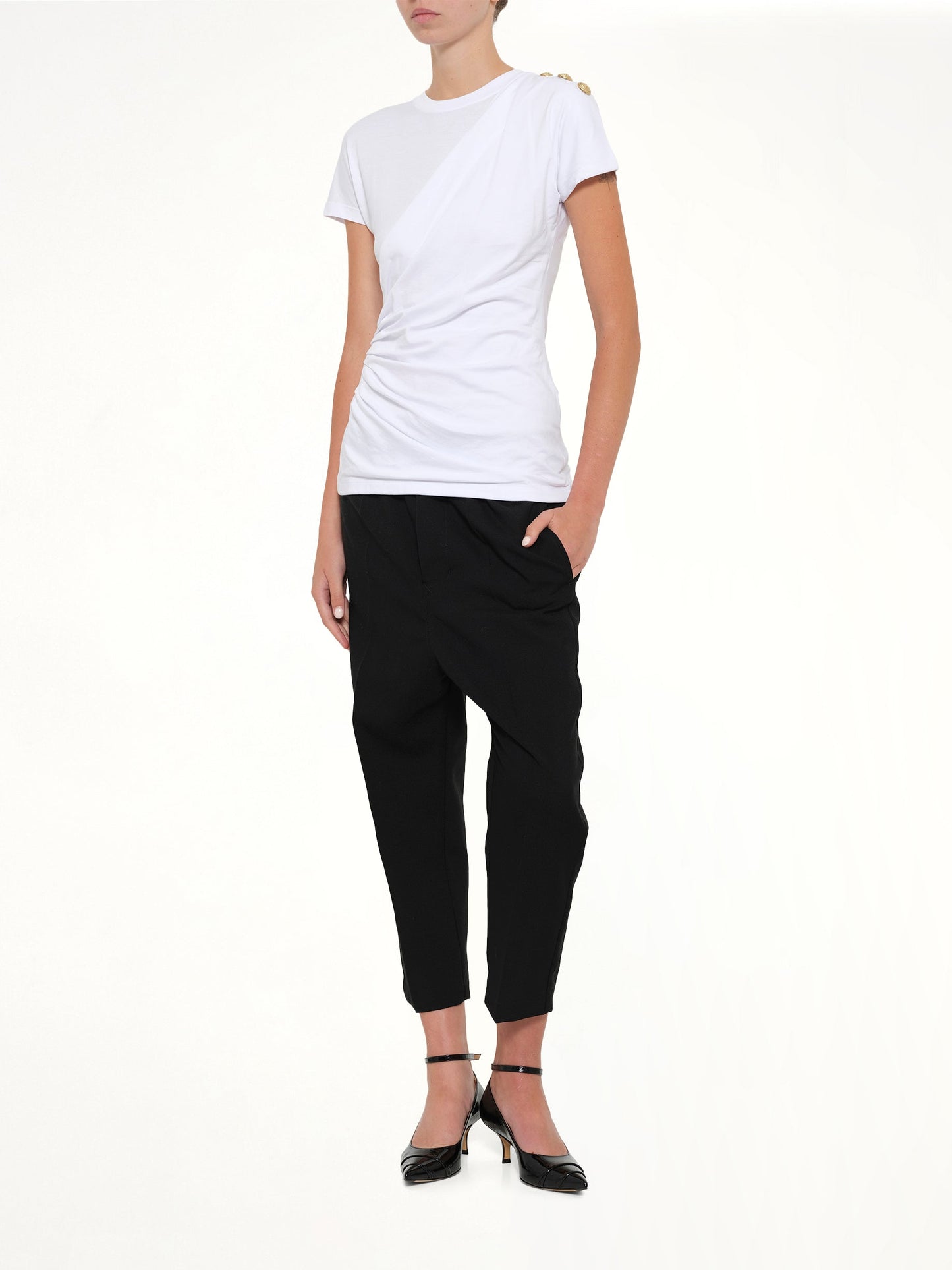 BALMAIN 3 Buttons Knotted T-Shirt (White)