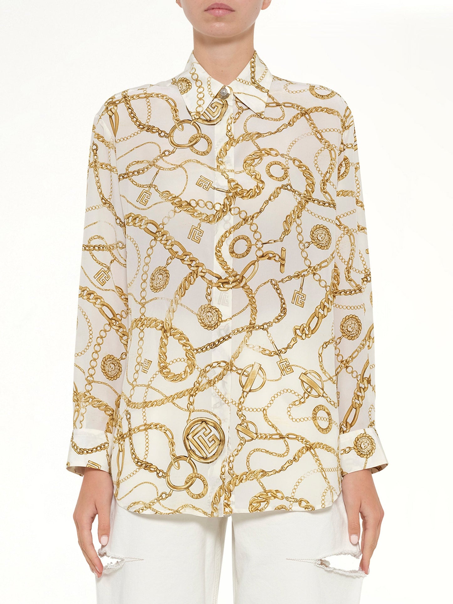 Image of T-Shirts. Product name - Chains Printed T-Shirt in White colour by brand - BALMAIN