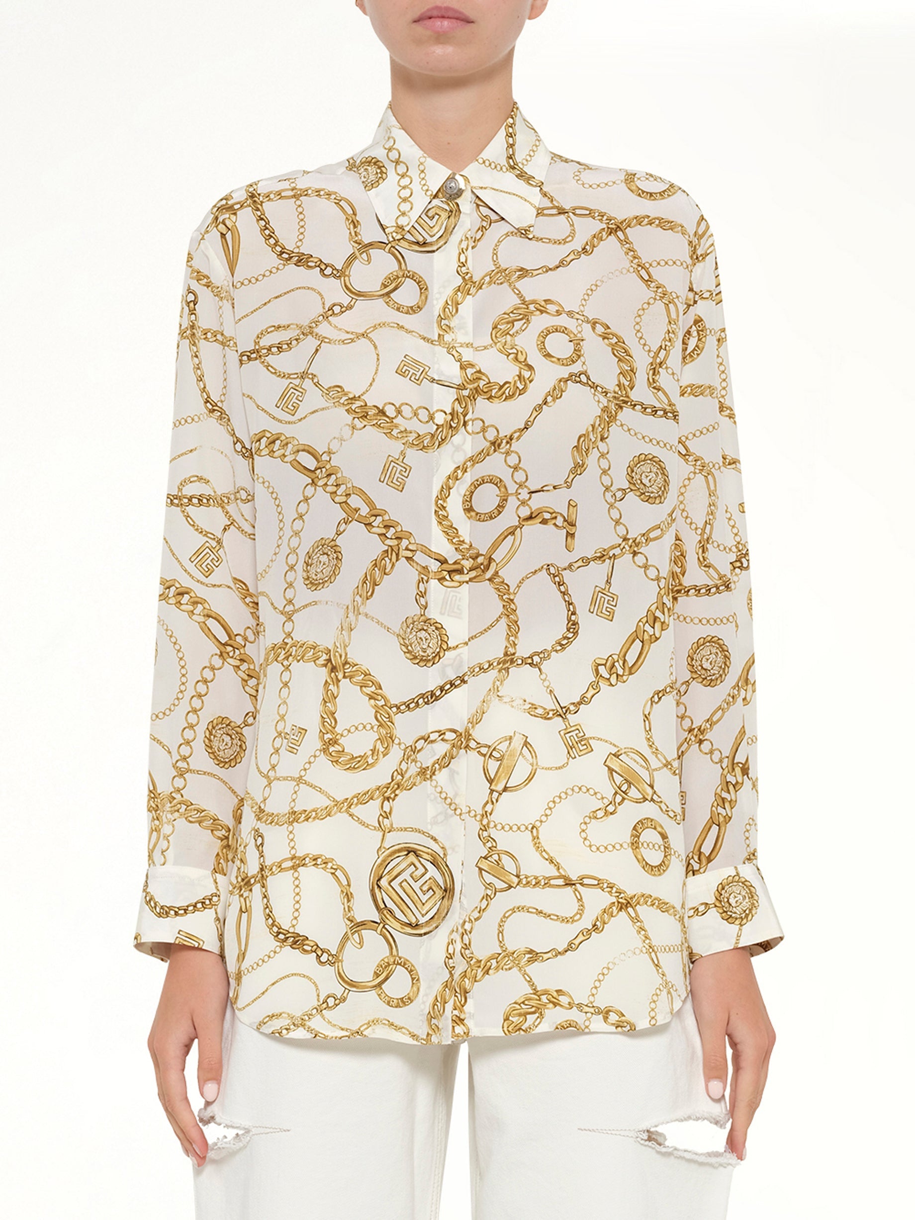 Image of T-Shirts. Product name - Chains Printed T-Shirt in White colour by brand - BALMAIN