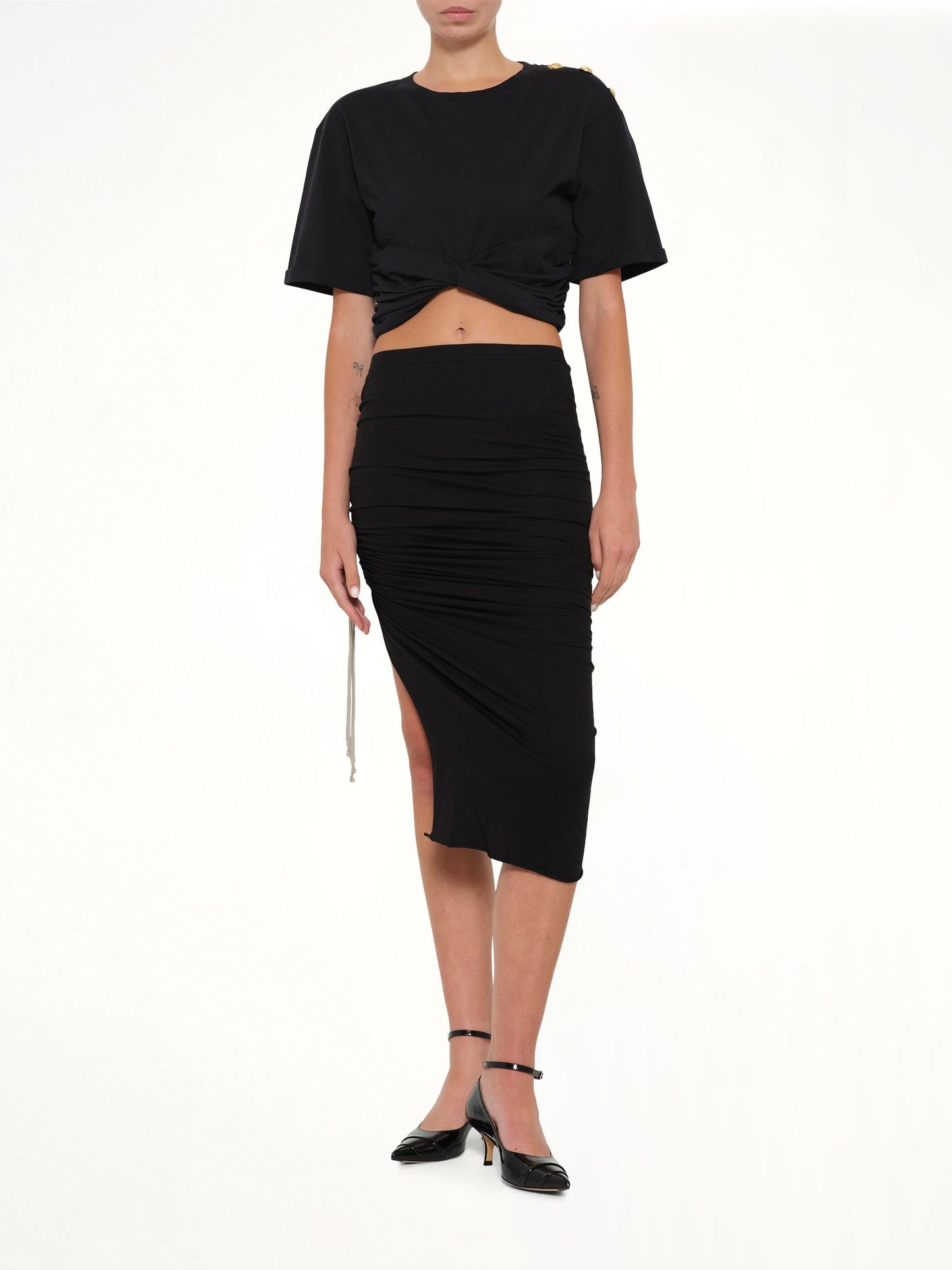 BALMAIN Cropped Knotted T-Shirt (Black)