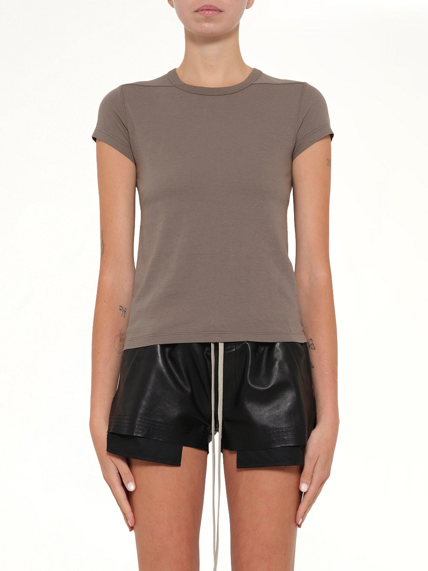 Image of a model wearing Tops. Product name - Cropped Level T in Brown colour by brand - RICK OWENS