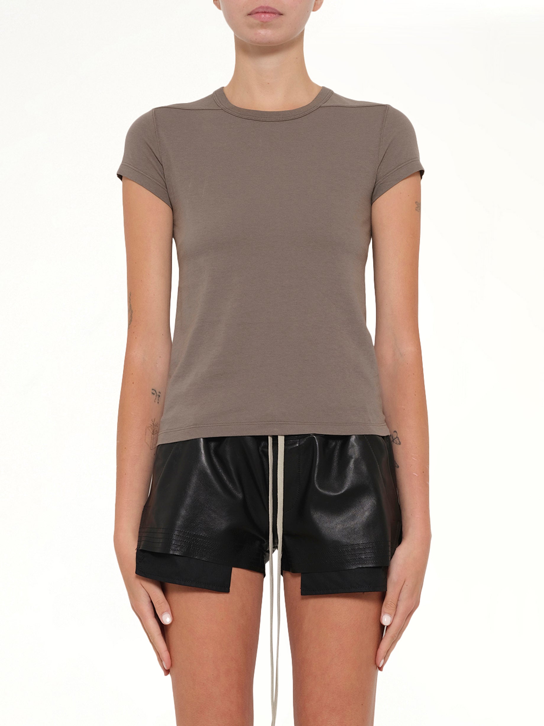 Image of a model wearing Tops. Product name - Cropped Level T in Brown colour by brand - RICK OWENS