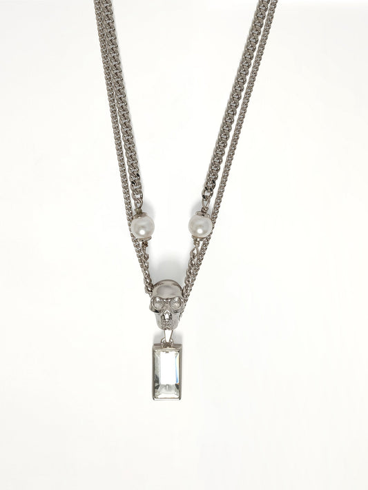 Image of Necklaces. Product name - Skull & Pearl Necklace in Silver colour by brand - ALEXANDER MCQUEEN