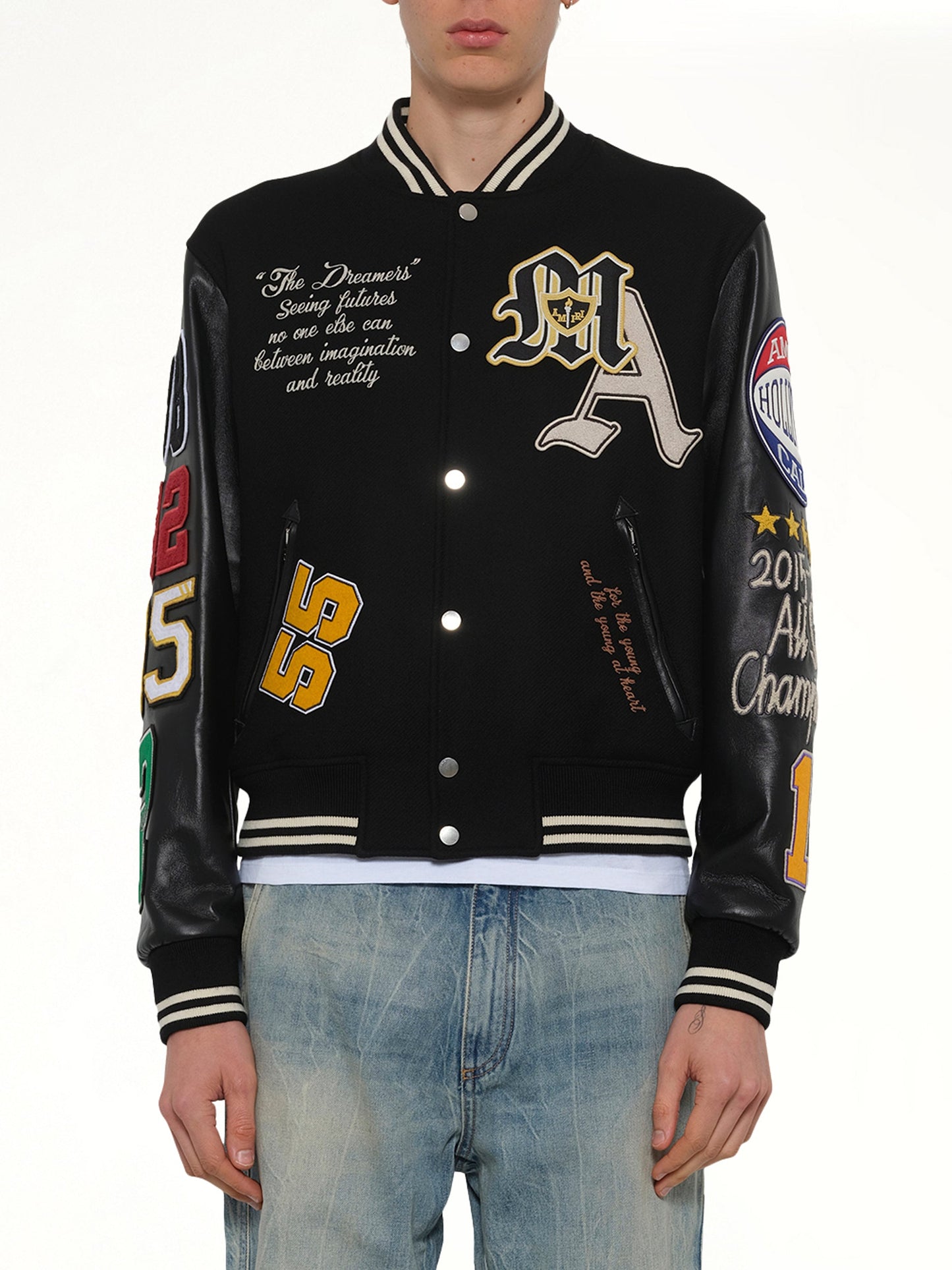 Image of Coats & Jackets. Product name - Varsity Patch Jacket in Black colour by brand - AMIRI