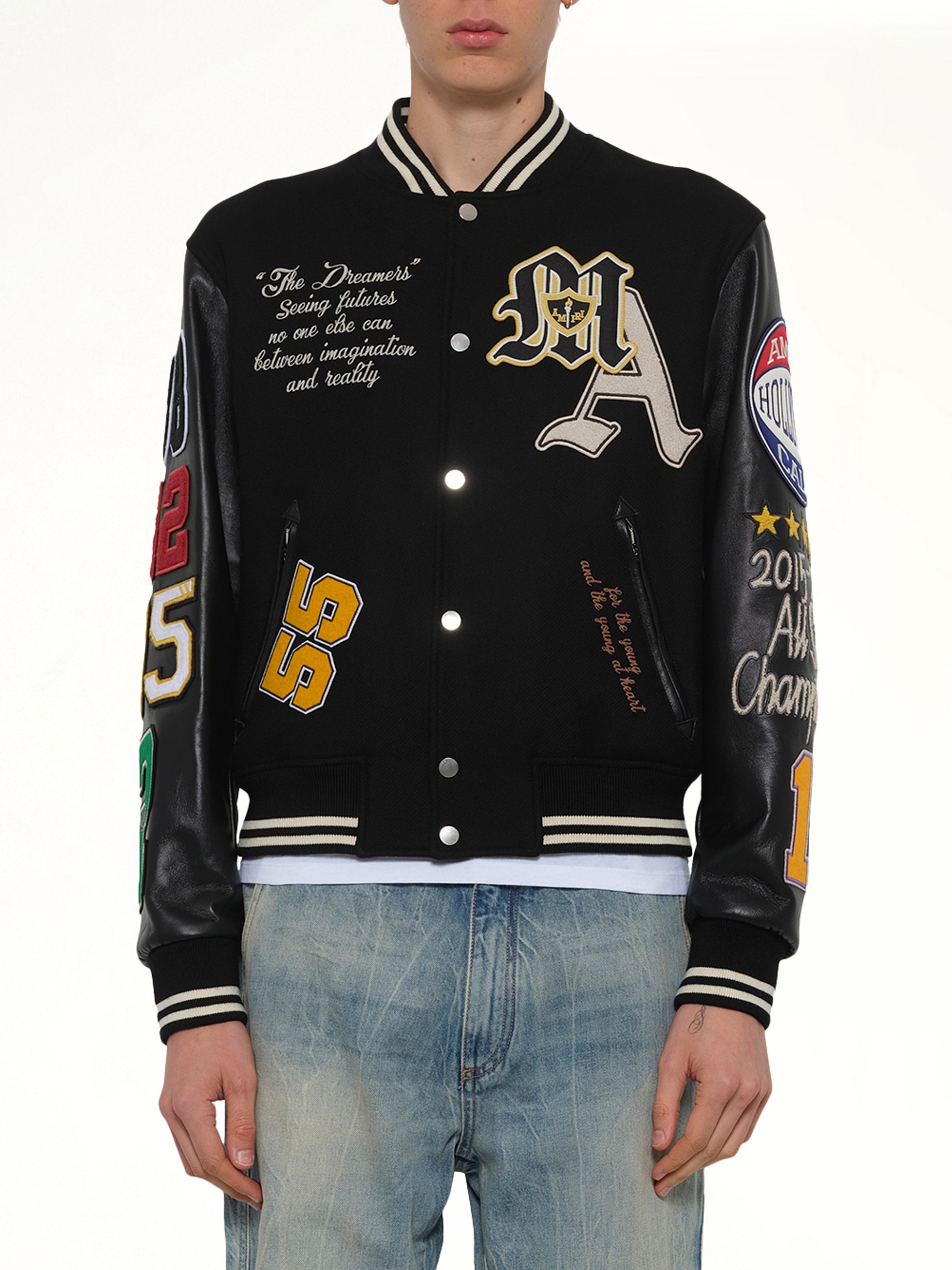 Image of Coats & Jackets. Product name - Varsity Patch Jacket in Black colour by brand - AMIRI