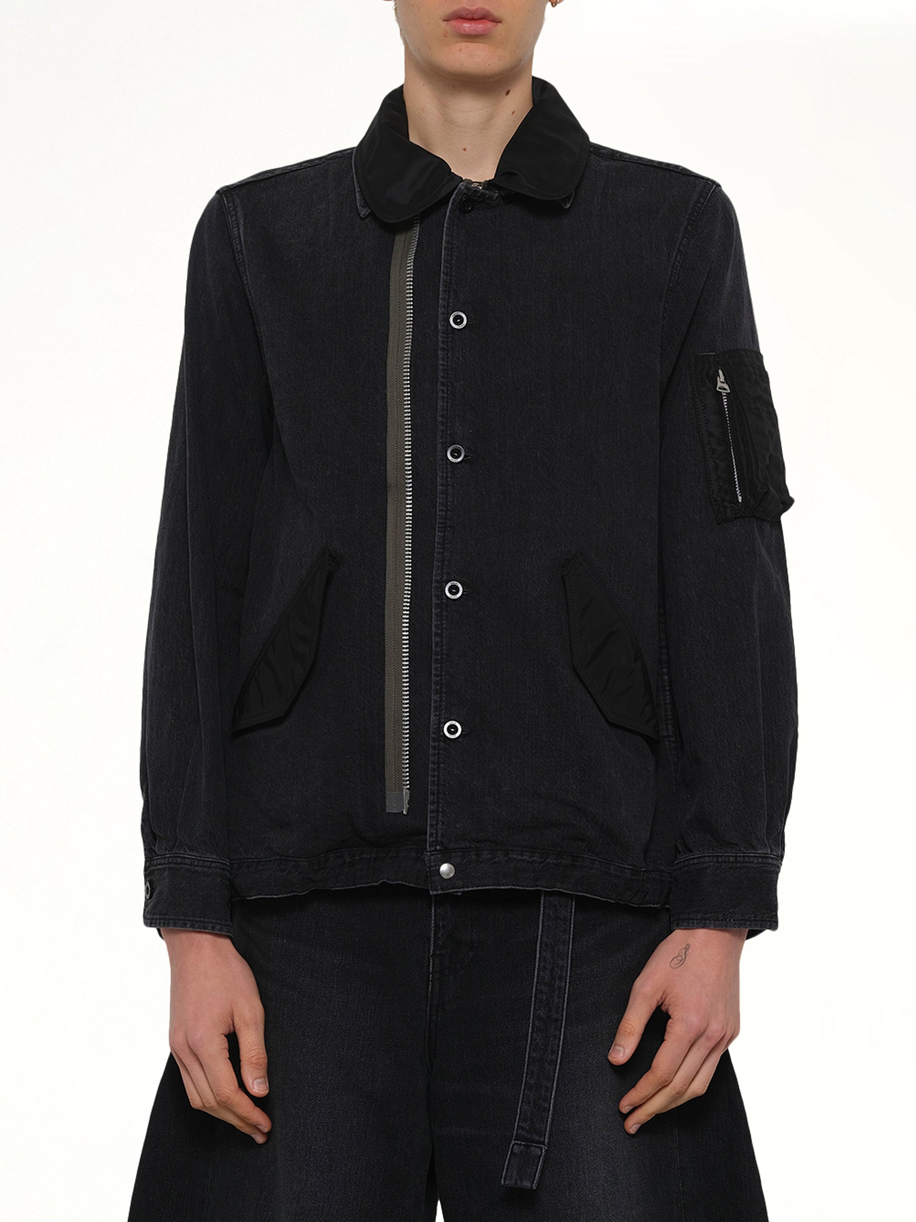 Image of Coats & Jackets. Product name - Denim x Nylon Twill Blouson in Black colour by brand - SACAI