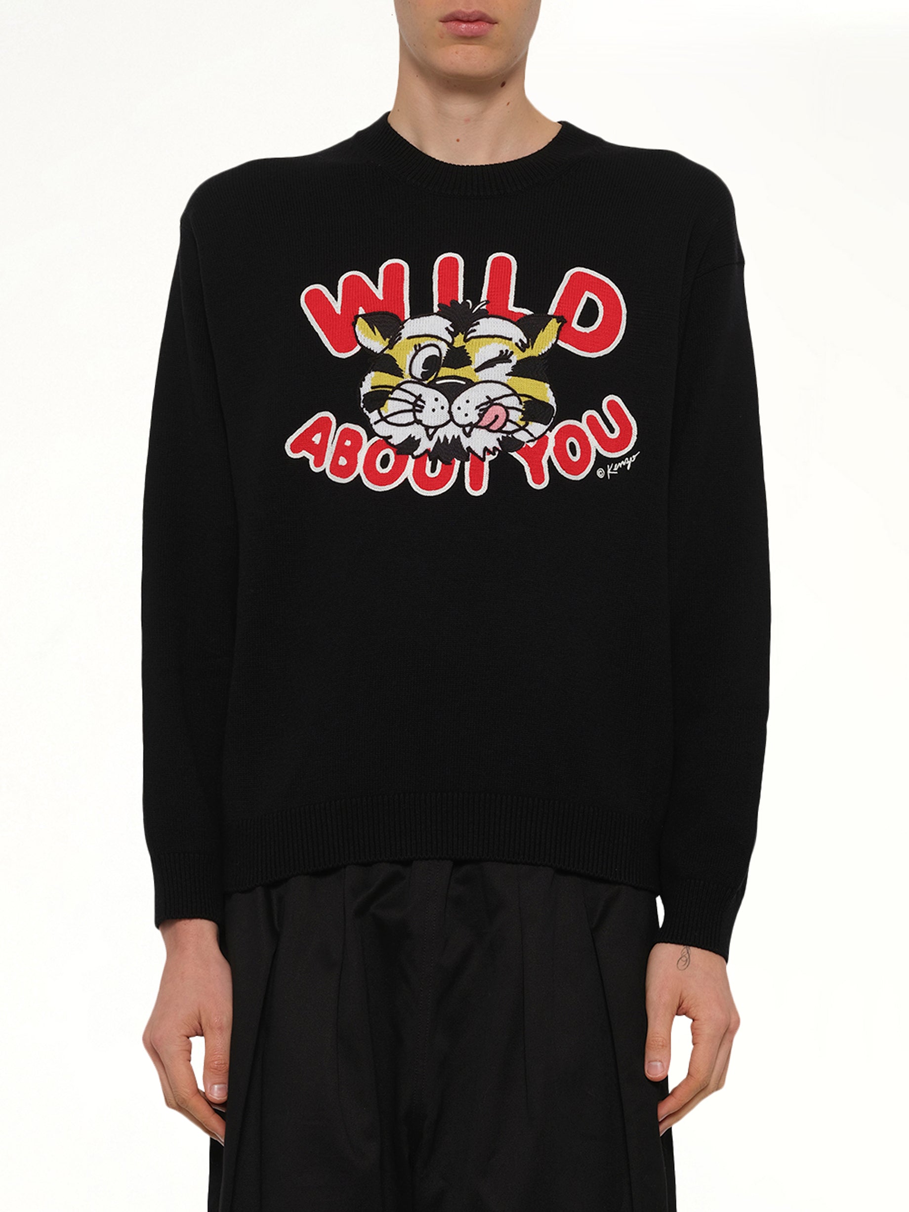 Image of a model wearing Outerwear. Product name - Kenzo Wild Tiger Jumper in Black colour by brand - KENZO