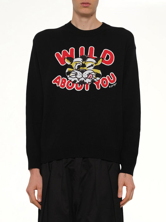 Image of a model wearing Outerwear. Product name - Kenzo Wild Tiger Jumper in Black colour by brand - KENZO