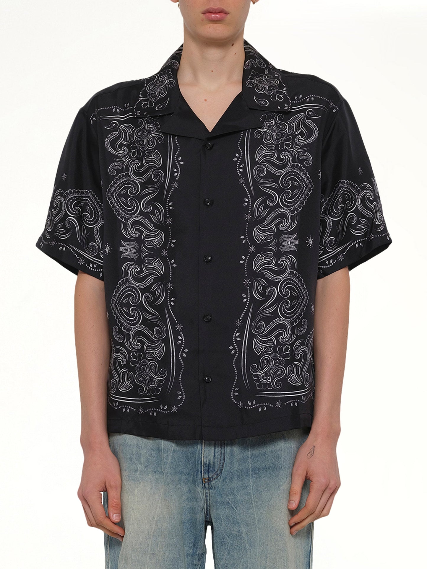 Image of Shirts. Product name - Bandana Paint Oversized Bowling Shirt in Black colour by brand - AMIRI