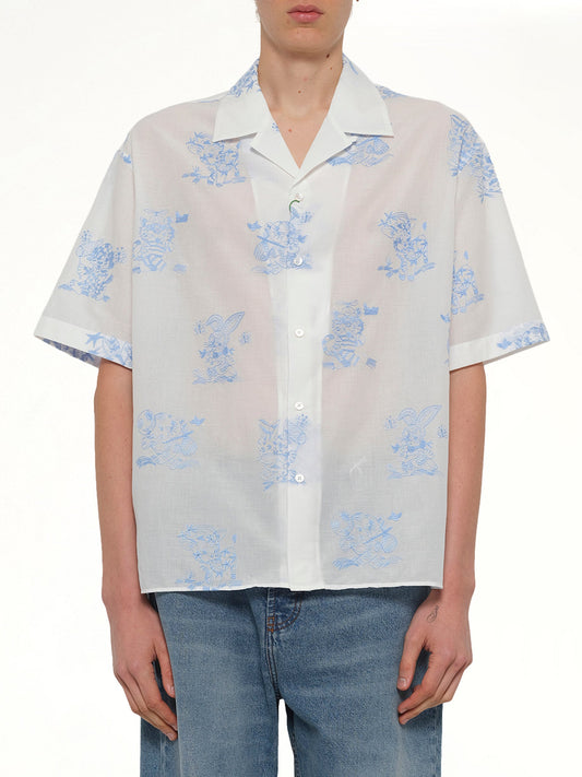 Image of a model wearing Tops. Product name - Kenzo Cartoon Hawaiian Short Sleeve Shirt in White colour by brand - KENZO