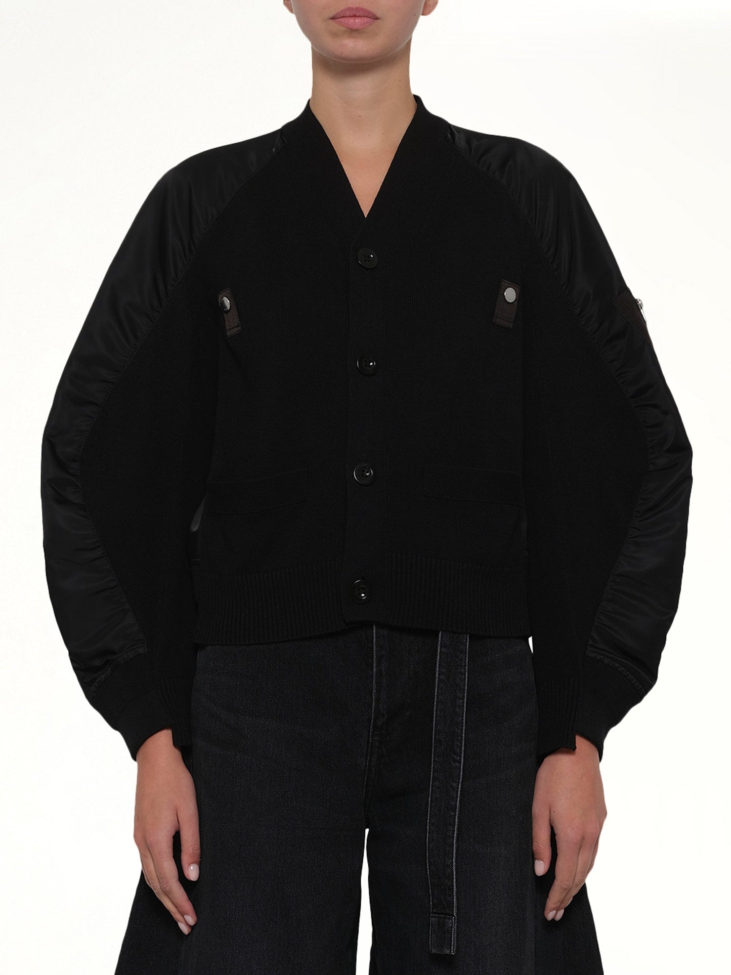 Image of Cardigans. Product name - Nylon Twill x Knit Cardigan in Black colour by brand - SACAI