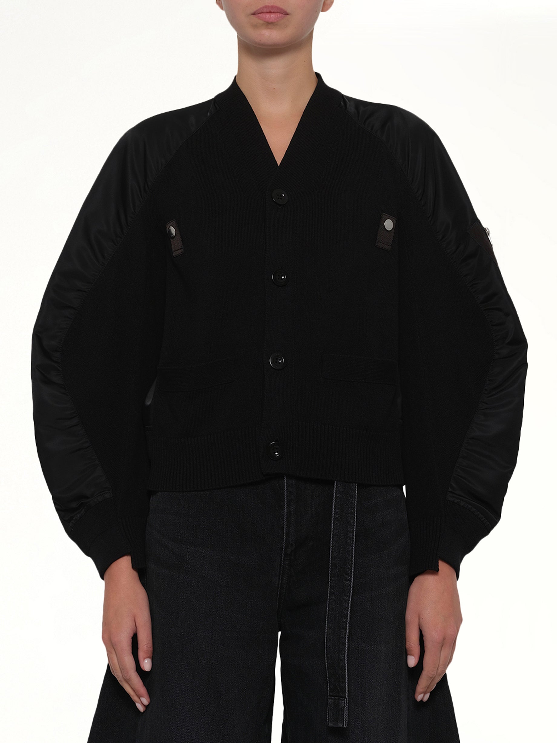 Image of Cardigans. Product name - Nylon Twill x Knit Cardigan in Black colour by brand - SACAI