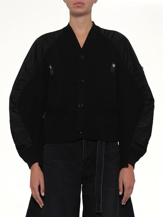 Image of Cardigans. Product name - Nylon Twill x Knit Cardigan in Black colour by brand - SACAI