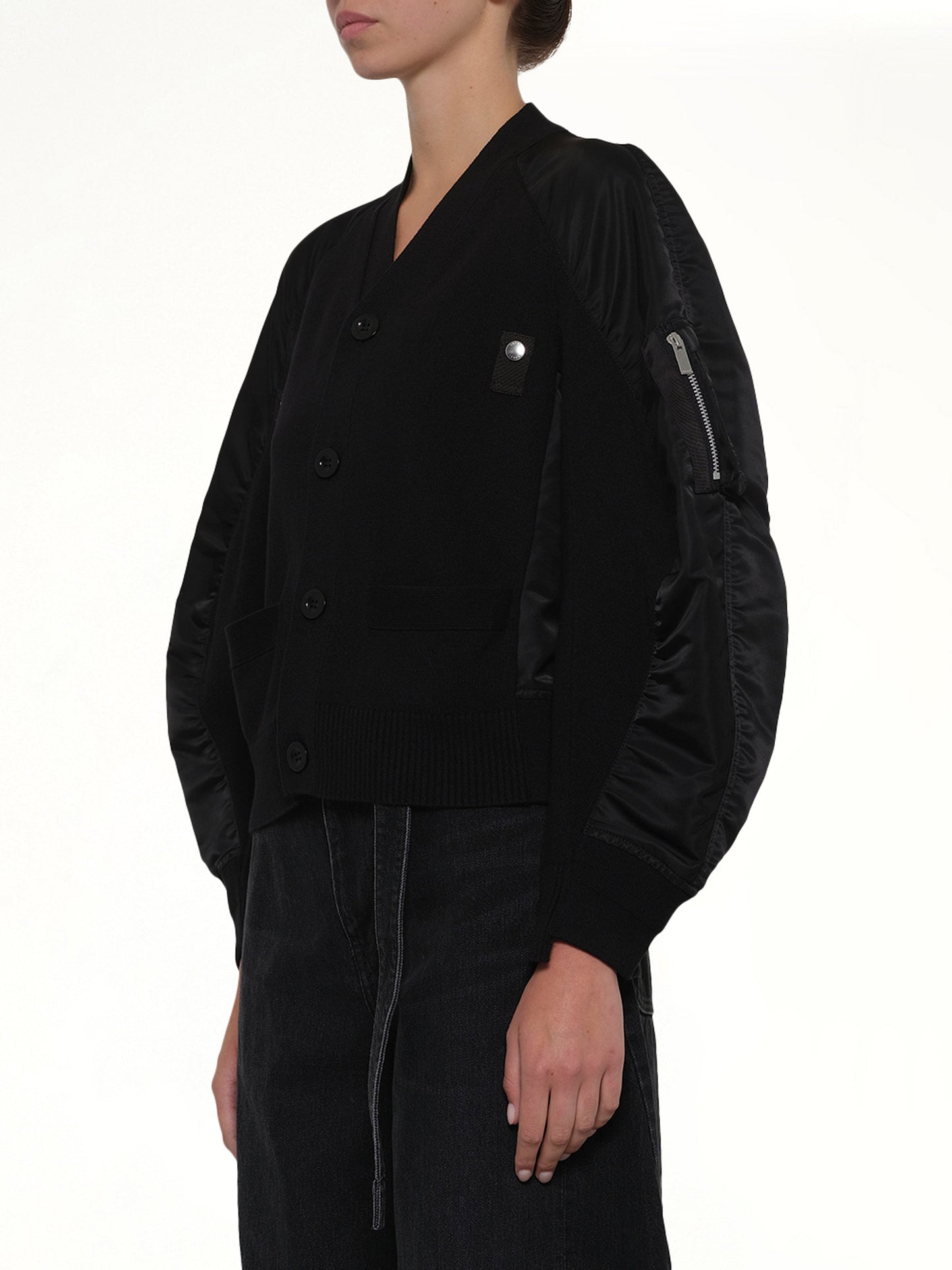 SACAI Nylon Twill x Knit Cardigan (Black)